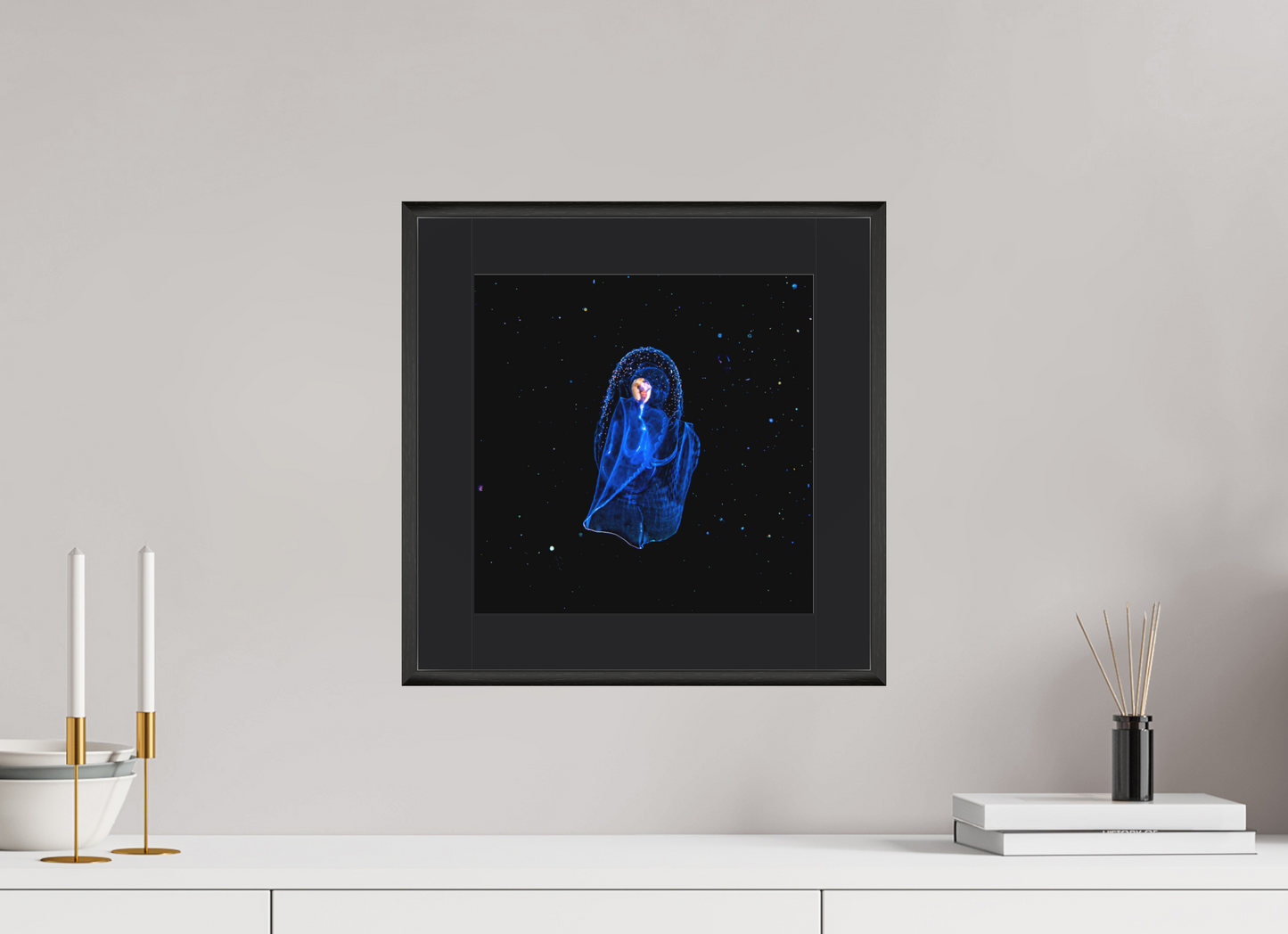 30 x 30 cm, Framed behind museum glass Aliens Underwater. The Angel