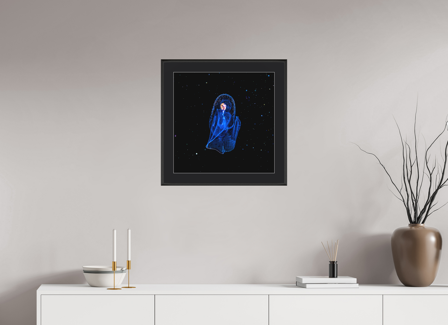 50 x 50 cm, Framed behind museum glass Aliens Underwater. The Angel